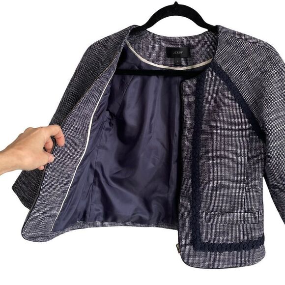 J. CREW Navy Blue Cropped Collarless Tweed Zip Front Blazer Jacket 0 - Picture 4 of 10